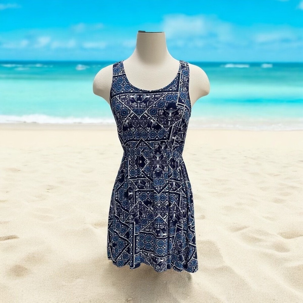 Pink Rose Blue Geometric Flower Sleeveless Knee-Length Dress Ruffled Waist Small